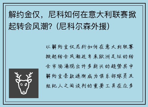 解约金仅，尼科如何在意大利联赛掀起转会风潮？(尼科尔森外援)