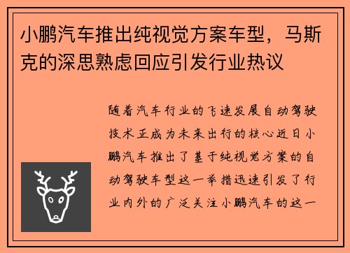 小鹏汽车推出纯视觉方案车型，马斯克的深思熟虑回应引发行业热议