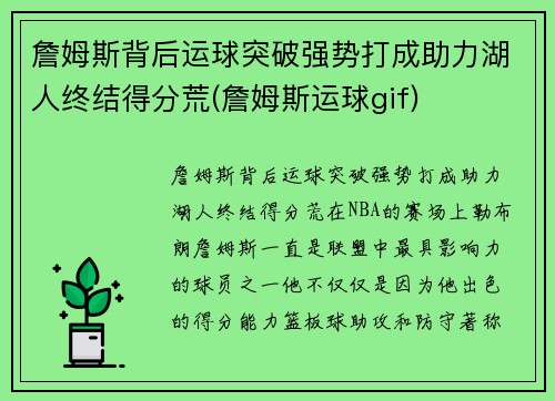 詹姆斯背后运球突破强势打成助力湖人终结得分荒(詹姆斯运球gif)