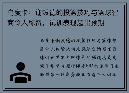 乌度卡：谢泼德的投篮技巧与篮球智商令人称赞，试训表现超出预期