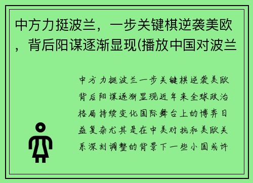 中方力挺波兰，一步关键棋逆袭美欧，背后阳谋逐渐显现(播放中国对波兰)