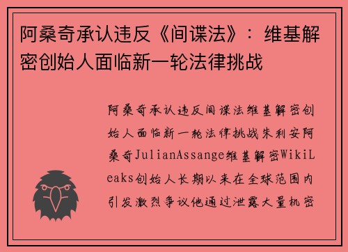 阿桑奇承认违反《间谍法》：维基解密创始人面临新一轮法律挑战