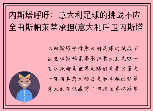 内斯塔呼吁：意大利足球的挑战不应全由斯帕莱蒂承担(意大利后卫内斯塔)