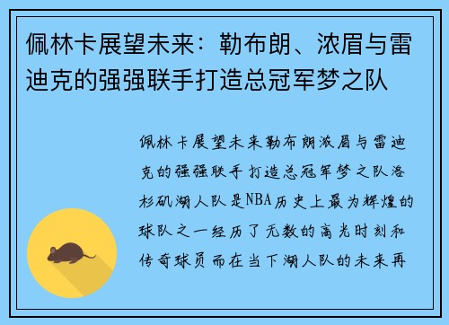 佩林卡展望未来：勒布朗、浓眉与雷迪克的强强联手打造总冠军梦之队