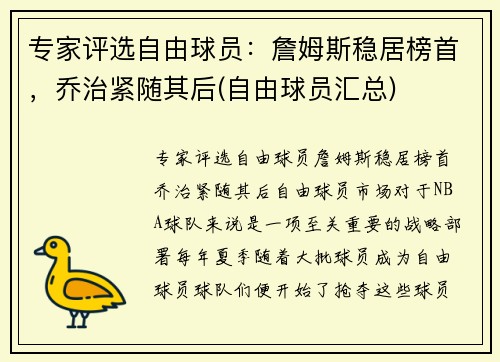专家评选自由球员：詹姆斯稳居榜首，乔治紧随其后(自由球员汇总)