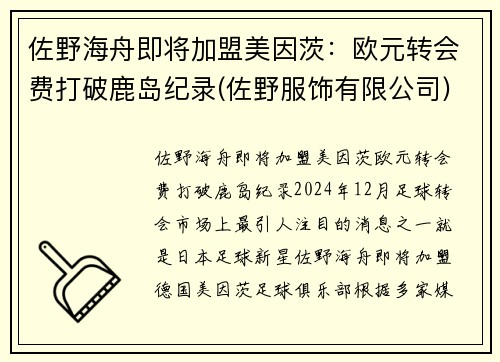 佐野海舟即将加盟美因茨：欧元转会费打破鹿岛纪录(佐野服饰有限公司)