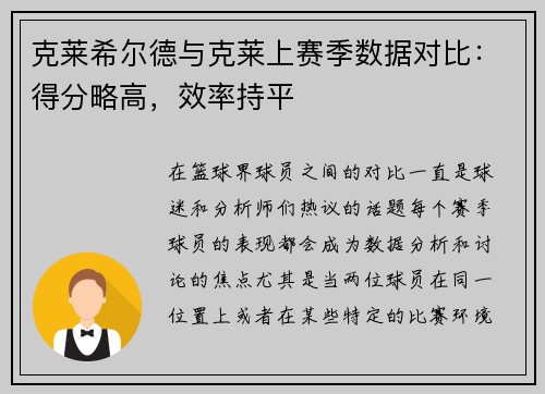 克莱希尔德与克莱上赛季数据对比：得分略高，效率持平