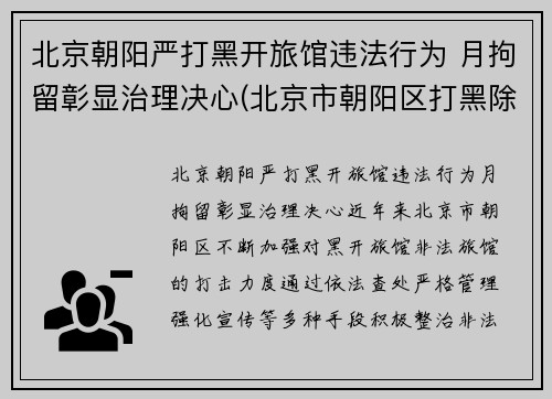北京朝阳严打黑开旅馆违法行为 月拘留彰显治理决心(北京市朝阳区打黑除恶电话)