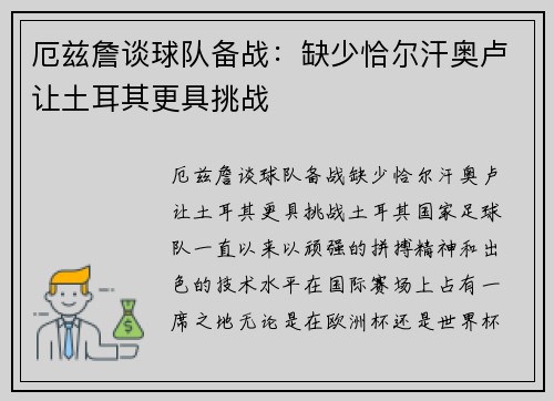 厄兹詹谈球队备战：缺少恰尔汗奥卢让土耳其更具挑战