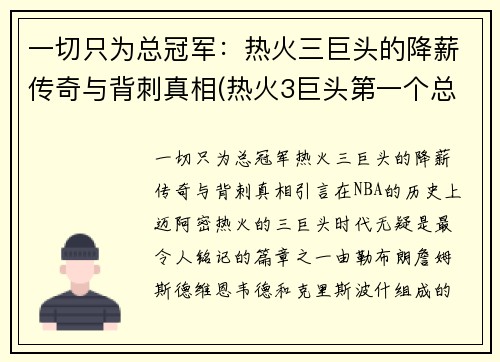 一切只为总冠军：热火三巨头的降薪传奇与背刺真相(热火3巨头第一个总冠军)