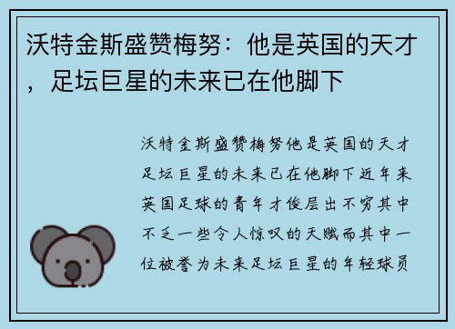 沃特金斯盛赞梅努：他是英国的天才，足坛巨星的未来已在他脚下